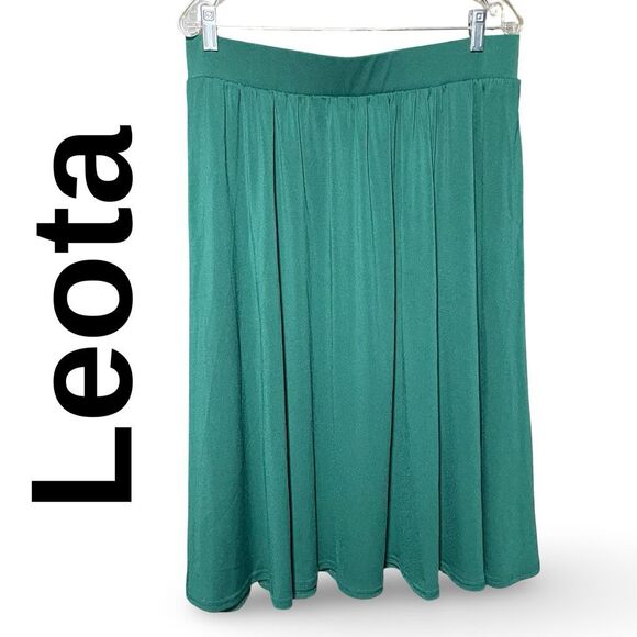 LEOTA Flared Midi Skirt, Elastic Waistband, Emerald Green, Pockets, Size XL - Picture 1 of 7
